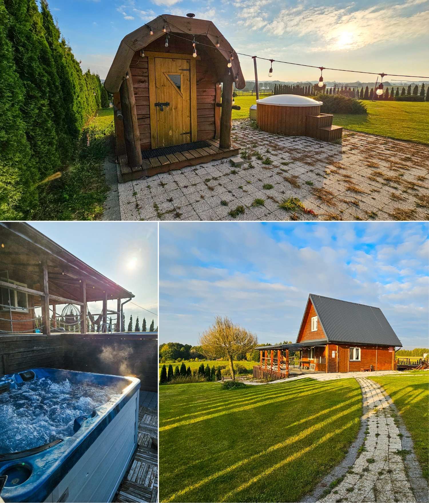 Projekt bez nazwy (86) sauna, balia, jacuzzi i widok na domek na mazurach - kolaż zdjęć